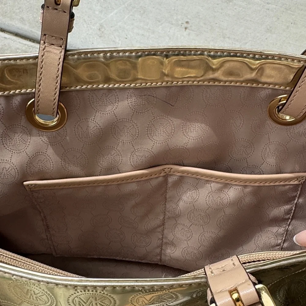 Michael Kors Gold Metallic Embossed MK Tote with Tan Handles - Picture 12 of 13